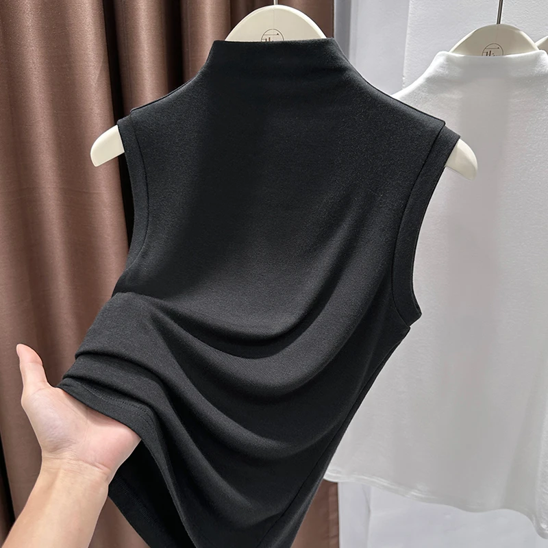 软糯亲肤高领无袖针织打底衫2025秋季新款别致洋气修身拼接上衣