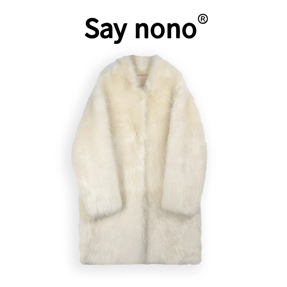 懒猫nono│Saynono 时尚简约长毛原色皮毛一体中长皮草外套WD10113