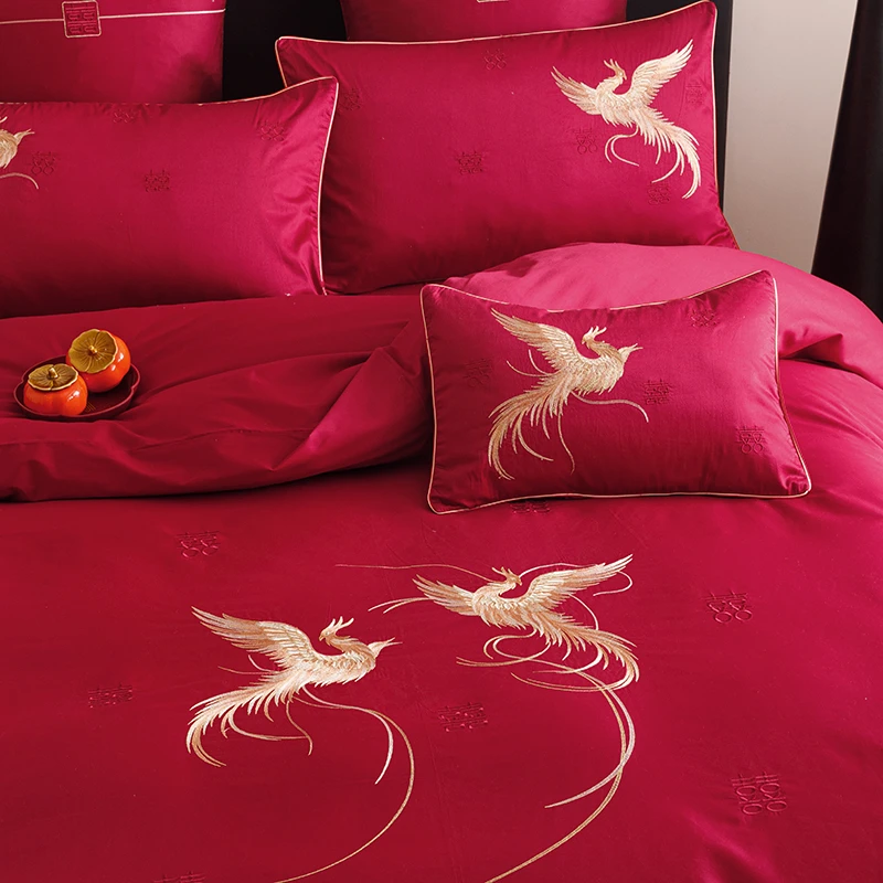 水星高端系列家纺简约新中式浪漫婚庆四件组纯棉全棉被套红色结婚