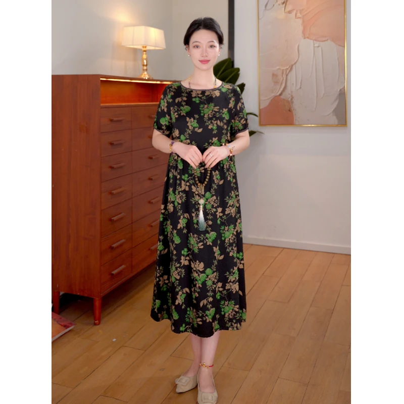 2025夏季时尚浪漫大牌杭州真丝连衣裙女气质妈妈桑蚕丝裙子