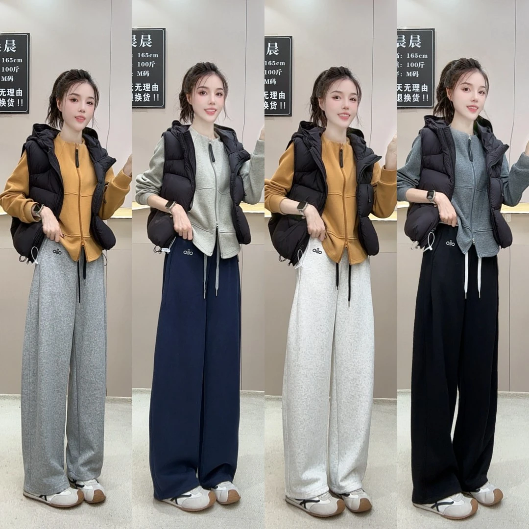 【高克重 高品质版本】秋冬加绒刺绣小标棉美式休闲弯刀阔腿裤女