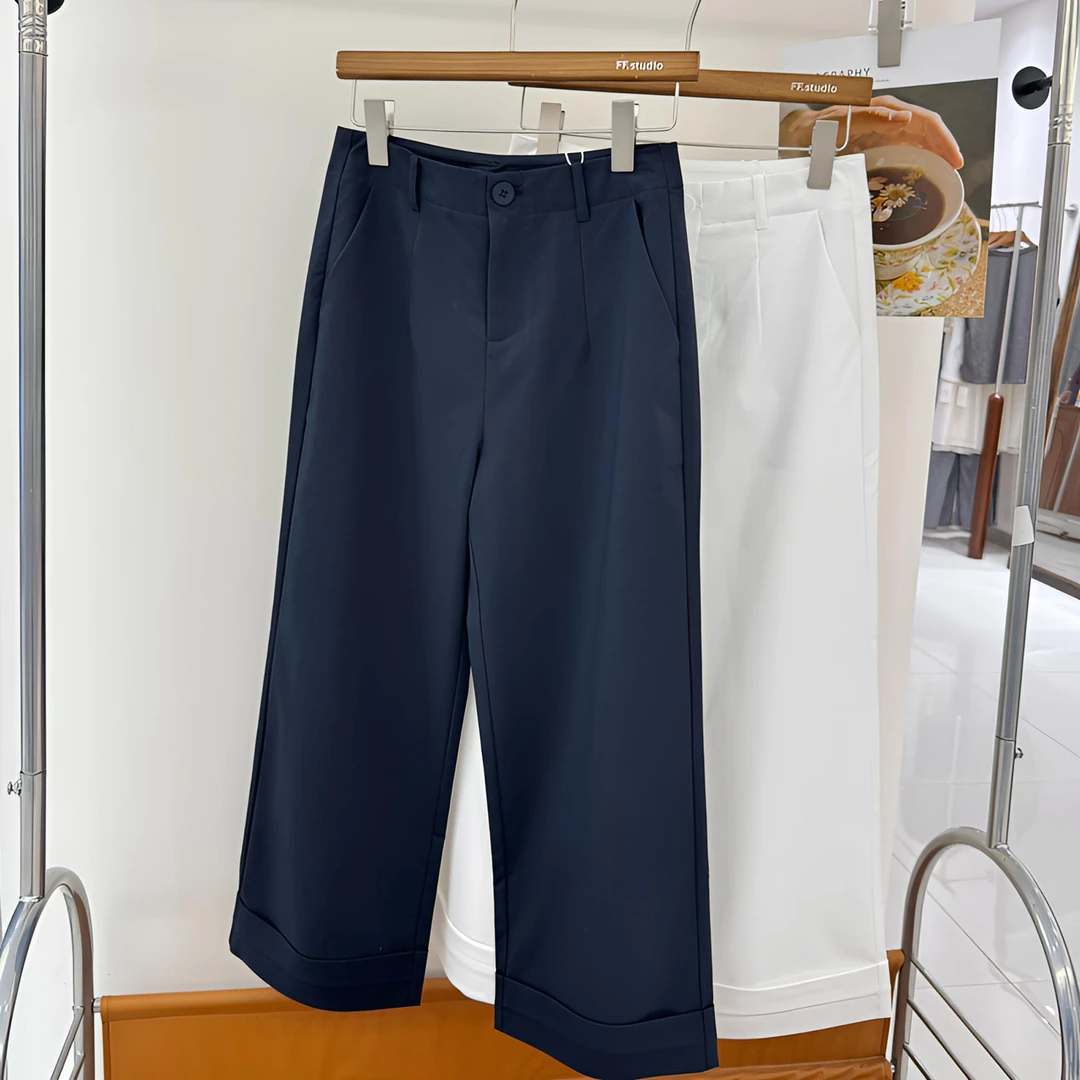 本白～莱赛尔九分简约气质薄款翻边直筒裤#8280