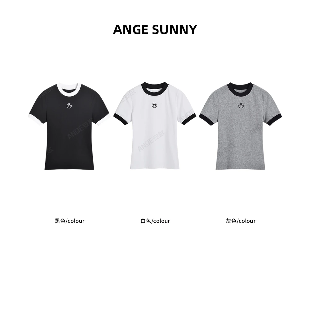 ANGE SUNNY【小月亮刺绣T恤】月牙图案撞色短袖上衣 时尚新款
