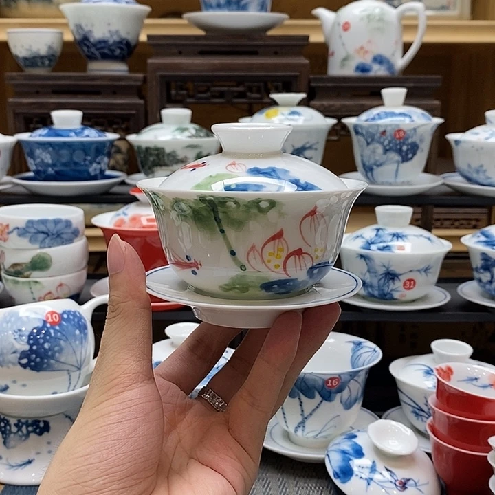 手绘五彩荷花盖碗釉下彩高温瓷微瑕福利款