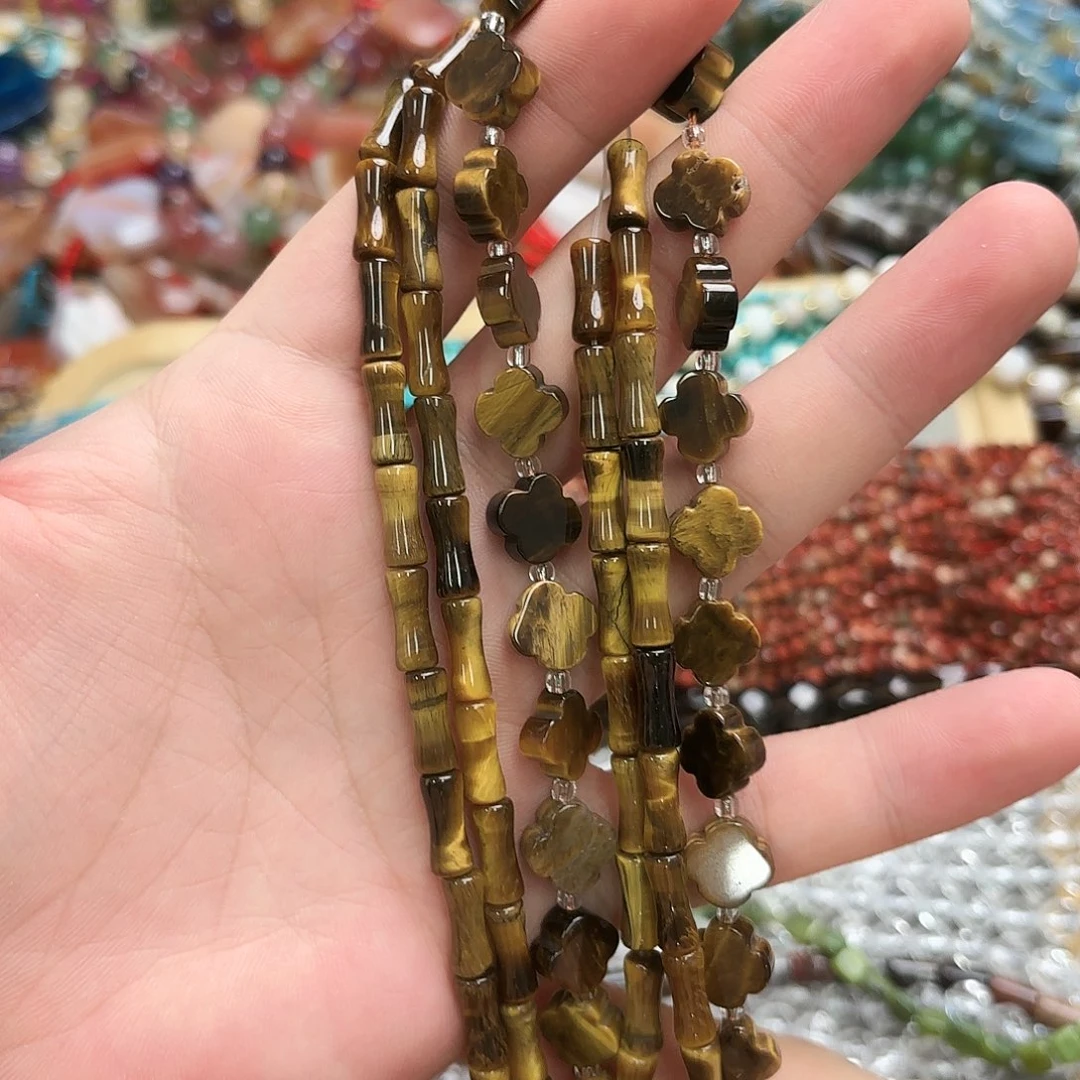 虎***饼玛瑙/玉髓未镶嵌珠宝半成品虎眼竹节2四叶草1