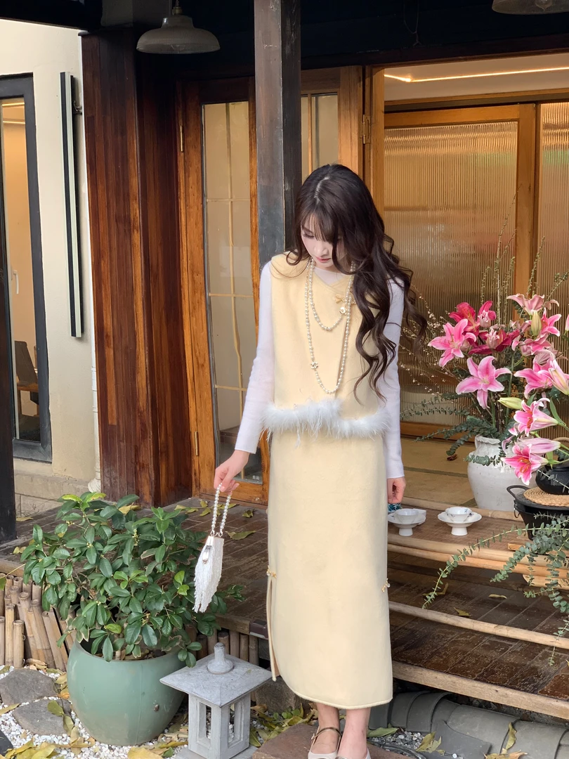 小个子新中式呢套装白黄色棉服小香风名媛秋冬时尚百搭