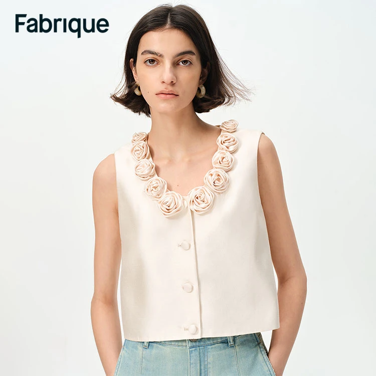 Fabrique Loira 春夏新款玉露白玫瑰桑蚕丝绵羊毛短款背心马甲