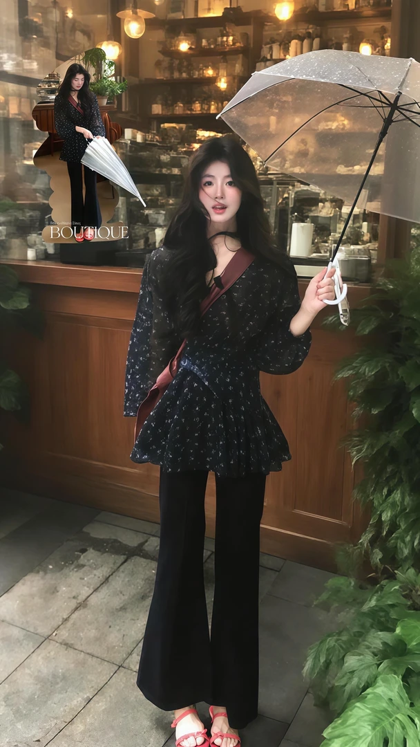 2025夏季新款韩系穿搭高级感时尚两件套碎花雪纺衫长袖上衣休闲裤