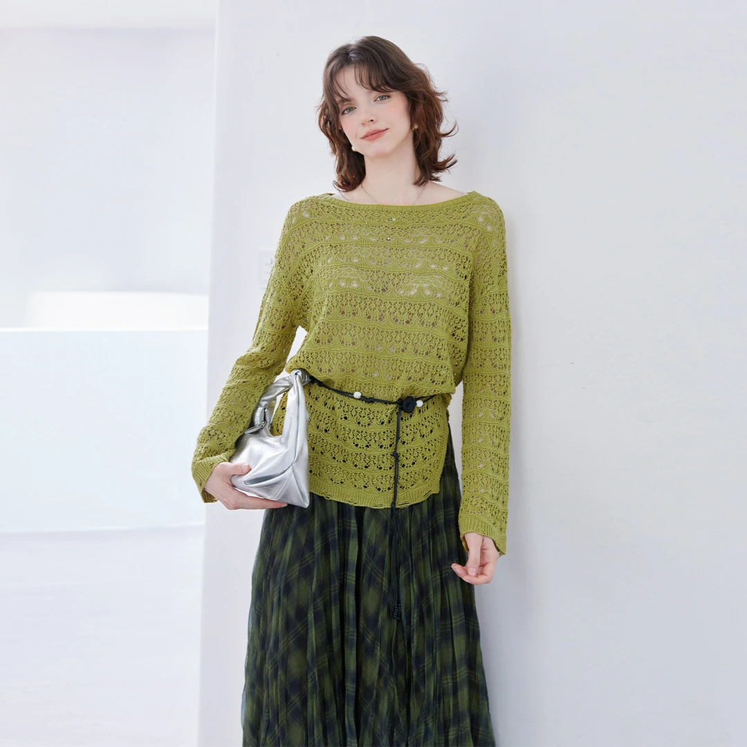 2025秋款圆领镂空毛衣慵懒风时尚针织上衣气质百搭针织衫女