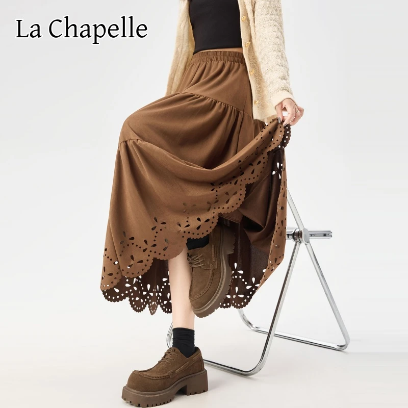 拉夏贝尔鹿皮绒半身裙女秋冬新款高腰a字裙中长款法式镂空蛋糕裙