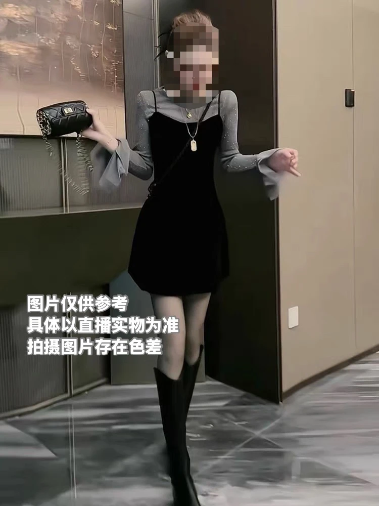 Yi+满天繁星2025新款假两件约会战袍收腰高级显瘦显气质连衣裙