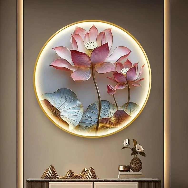 中国风荷花餐厅挂画新中式圆形玄关带灯装饰画客厅走廊LED灯壁画