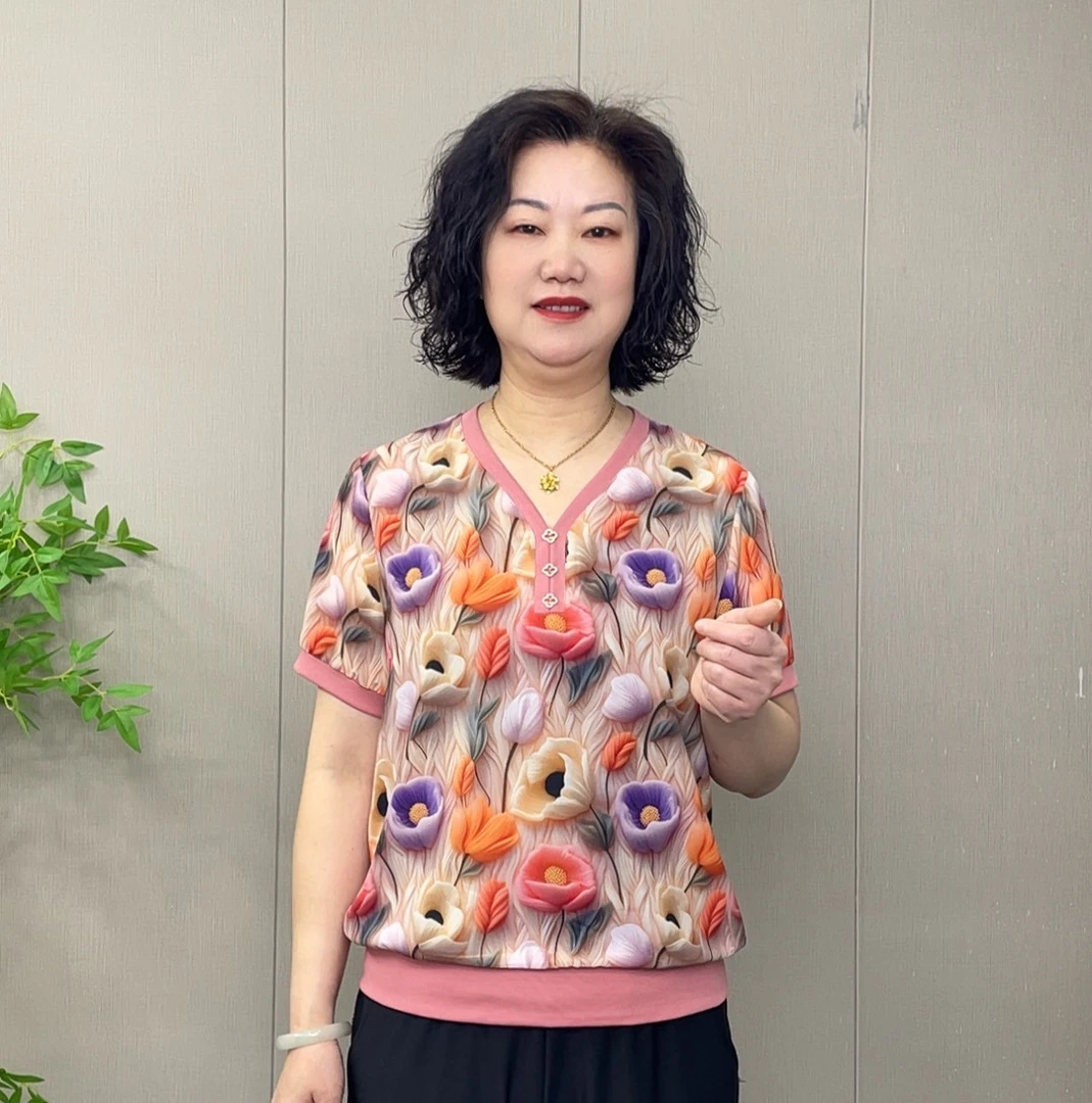 2025夏季中老年新款3D立体花气质时尚休闲百搭女士显瘦宽松短袖