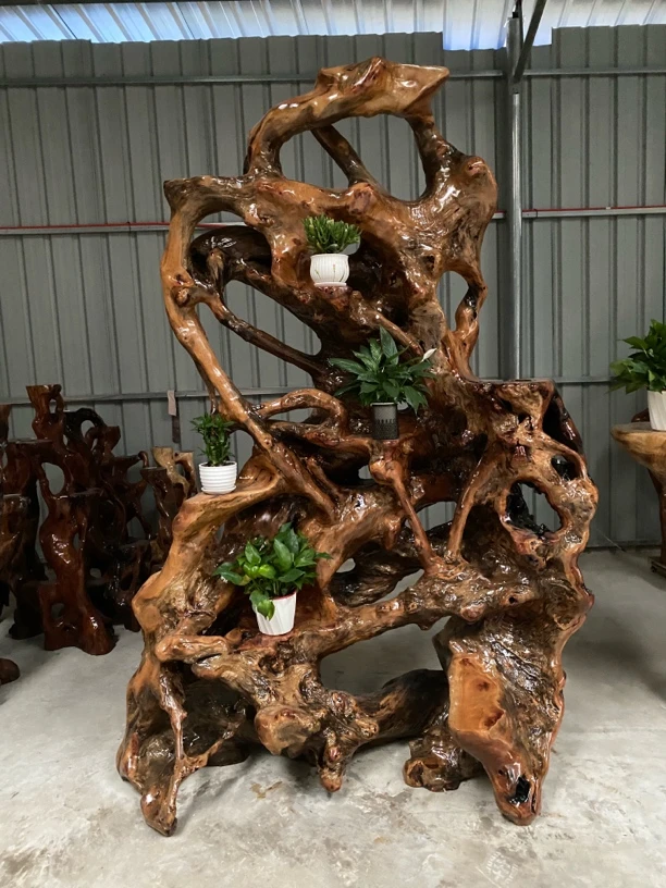 实木根雕花架天然艺术香樟木根艺客厅落地多层树根底座摆件盆景架