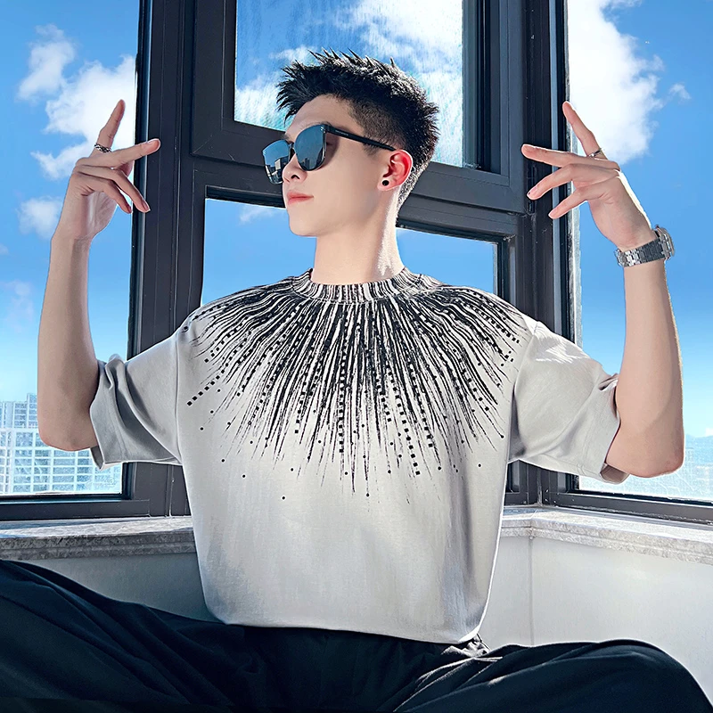 男士印花烫钻撞色短袖T恤夏季2025新款潮牌薄款冰感圆领休闲上衣