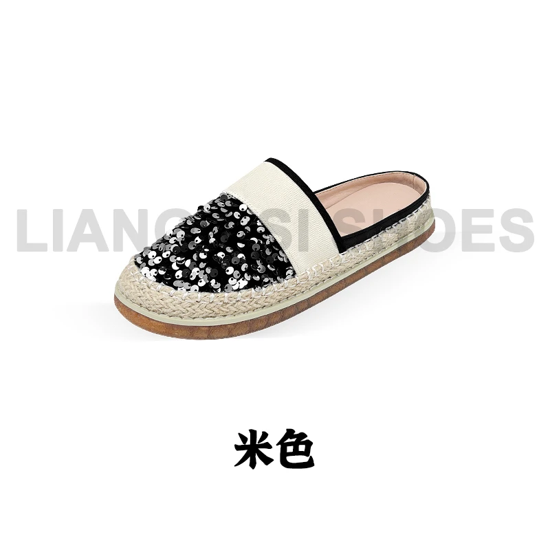 春夏时尚圆头小香风包头欧美潮流轻奢风亮片平底包头半拖-330