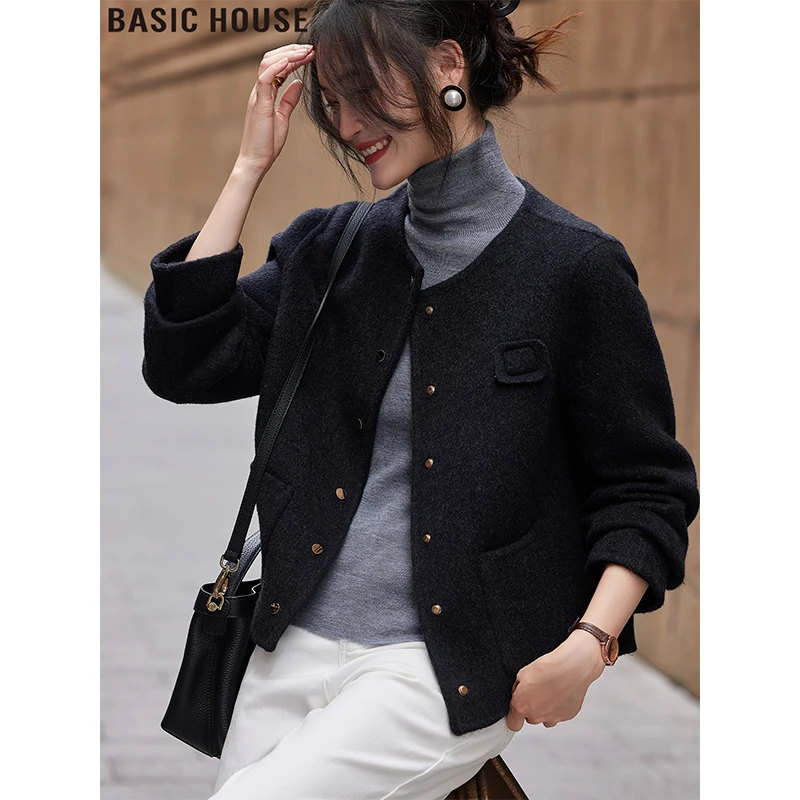 Basic House/百家好深灰色双面羊毛外套高级感毛呢上衣女2025秋冬