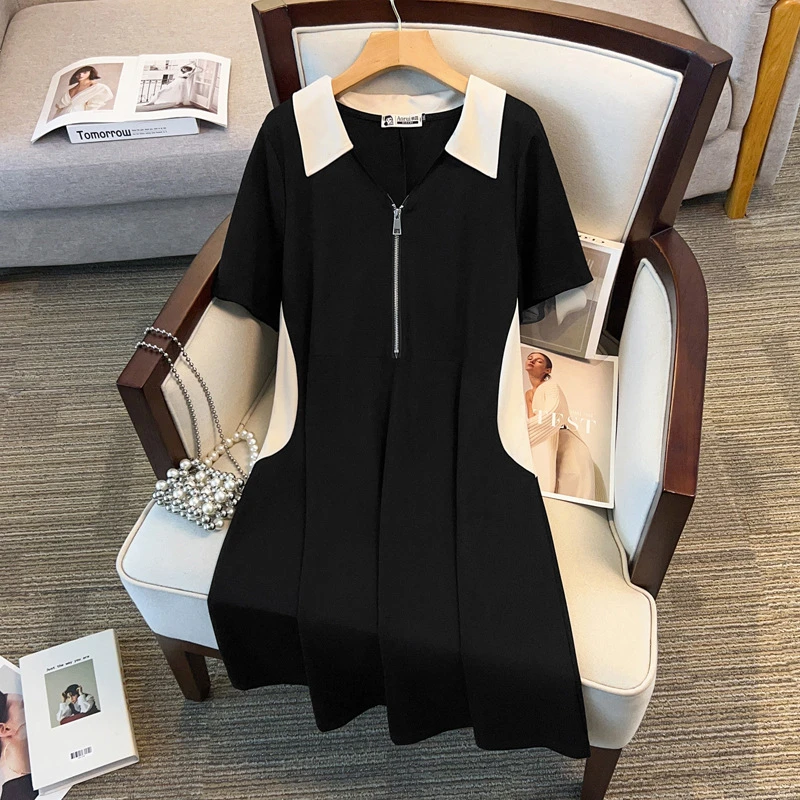 300斤加大码连衣裙短袖黑白撞色中长裙遮肉显瘦夏季胖MM黑