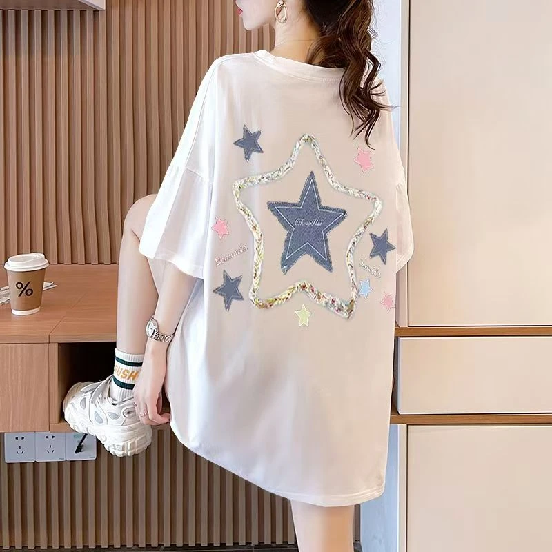 2025夏季100%纯棉短袖t恤女设计感中长款洋气宽松显瘦ins潮体恤