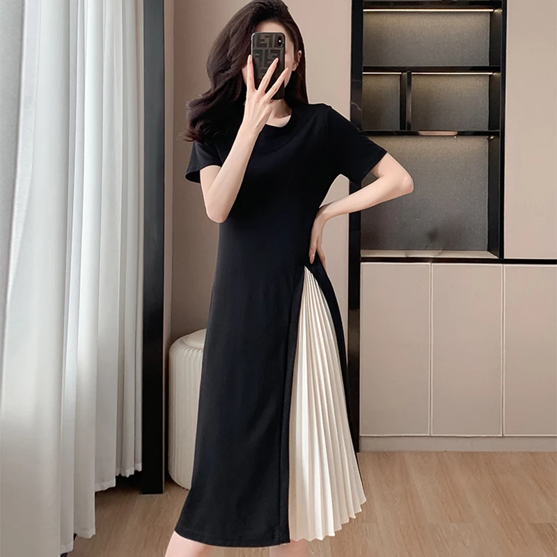 2025高端大码宽松拼接撞色褶皱长裙夏季新款短袖遮肉气质连衣裙女