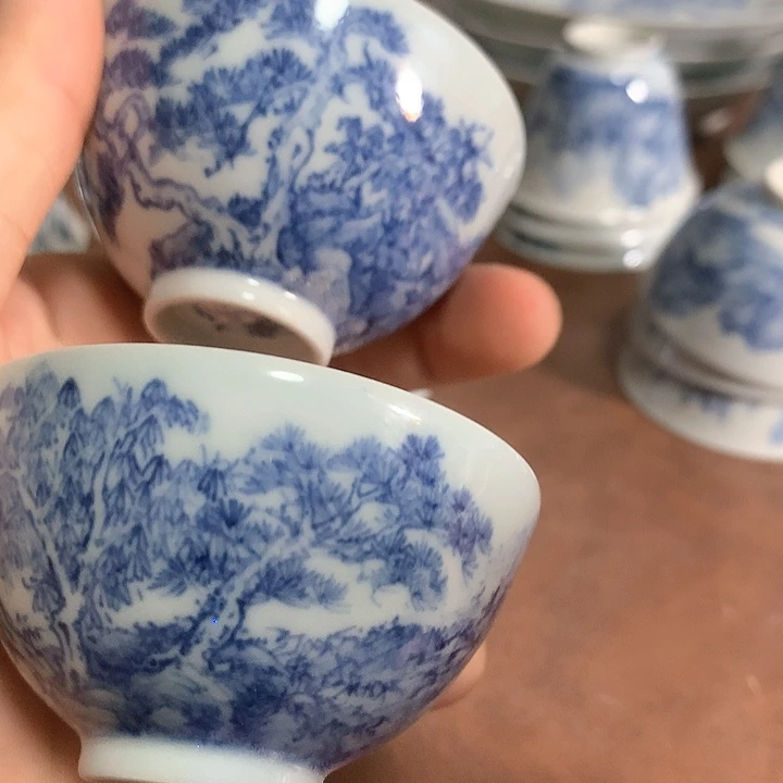 青花山水鸡心杯茶杯茶茶杯茶壶