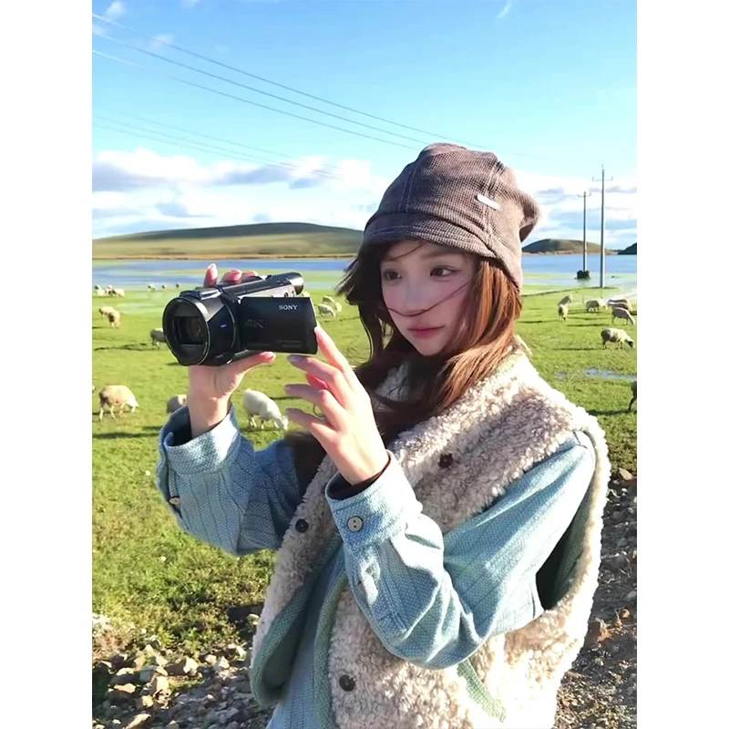 MARIE.COCO秋季新款设计感羊羔绒马甲条纹衬衫上衣格纹半身裙套装