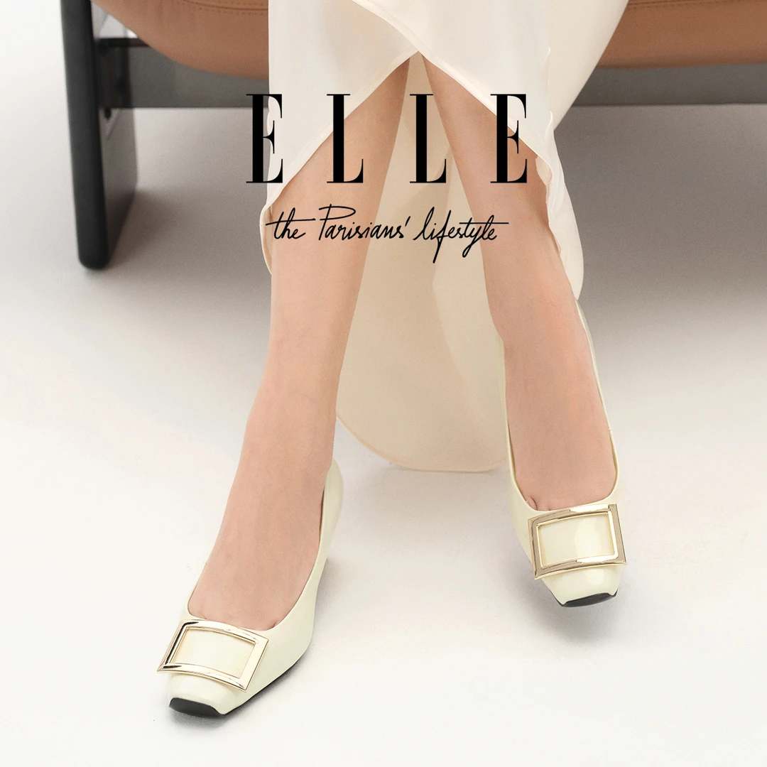 ELLE米白色高跟鞋女鞋2025新款方扣气质方头粗跟工作通勤上班单鞋