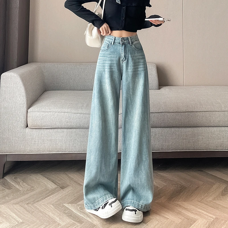 窄版阔腿牛仔裤女高腰2025新款春秋季显瘦宽松休闲蓝色垂感直筒裤