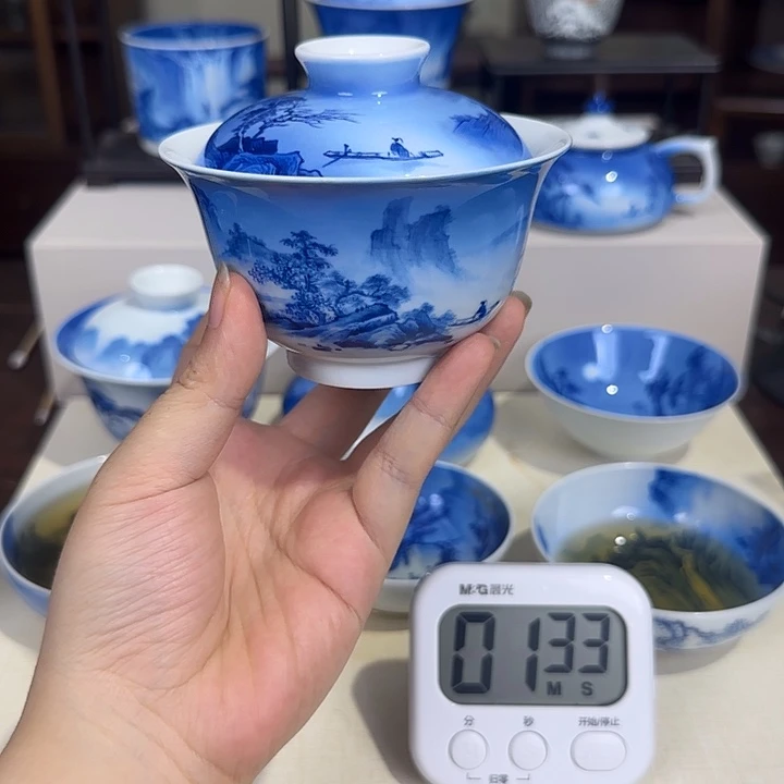 会***公青花山水夜景盖碗
