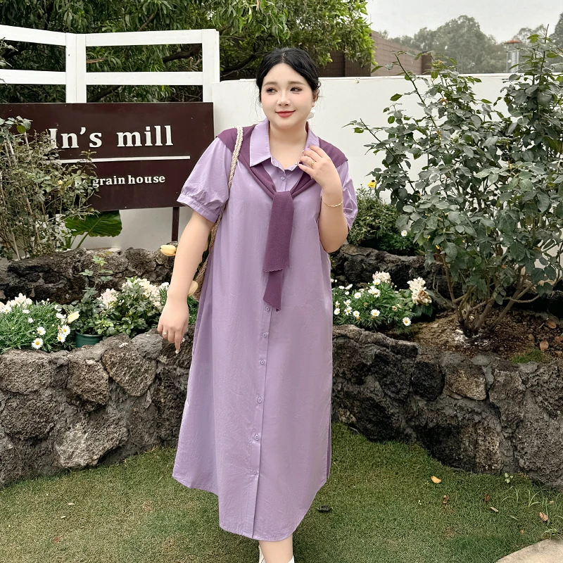 CX5278大码女装【韩系衬衫裙】夏季温暖风披肩穿搭遮肚子气质连衣裙