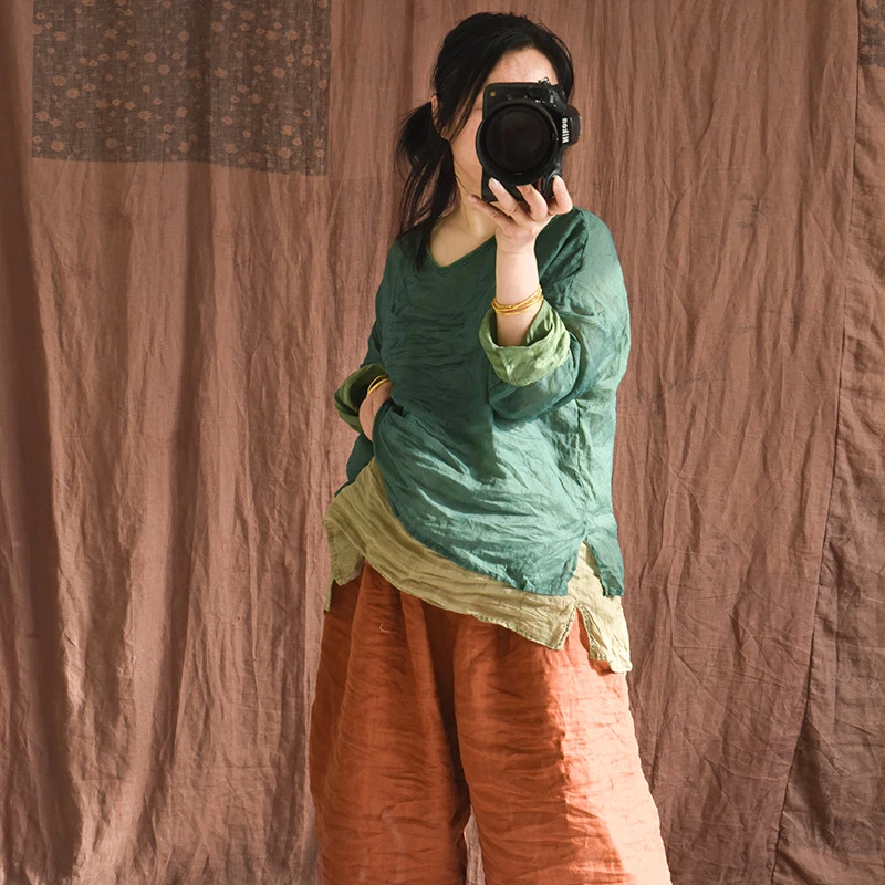 4062自制双色轻薄苎麻春夏款V领手工绣线女士衬衫 文艺休闲短上衣