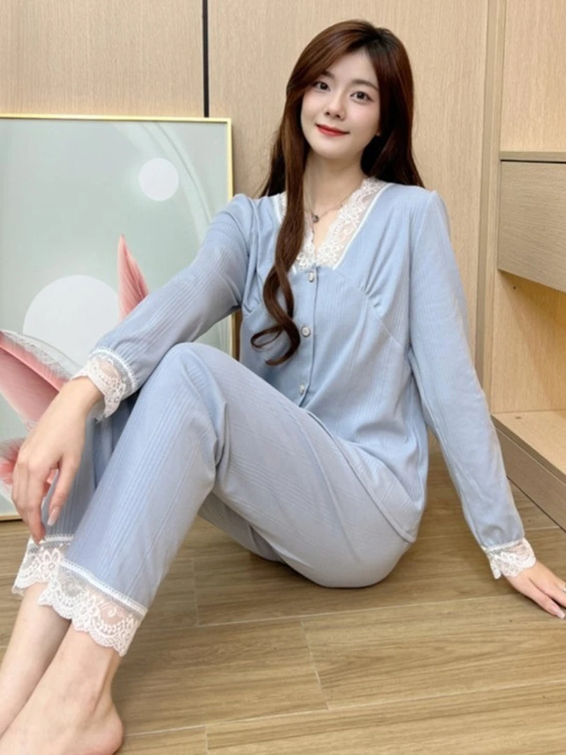 2025秋季新款女士蕾丝花边v领长袖长裤可外穿休闲家居服两件套装