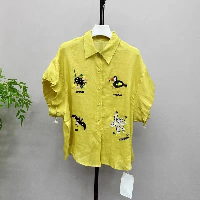 10778夏季韩系翻领苎麻刺绣小衫百搭休闲上衣衬衫抽绳