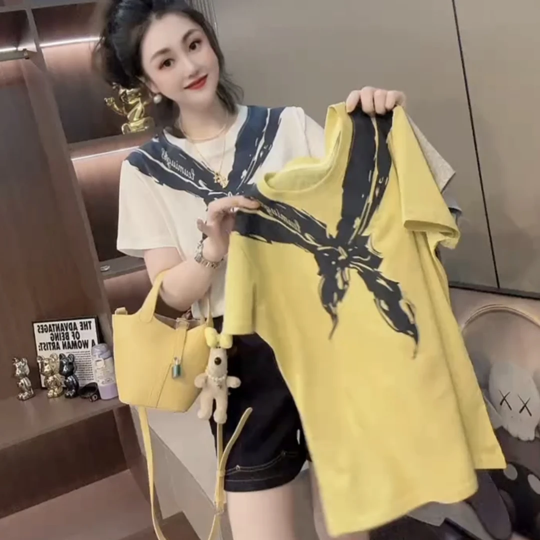 欧洲站2025夏季新款蝴蝶结印花短袖t恤女时尚洋气百搭套头上衣潮