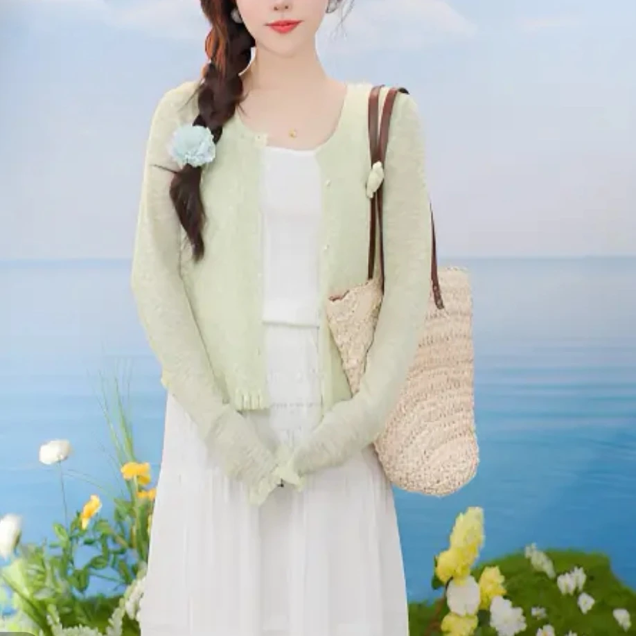 夏季花朵时尚休闲百搭V领针织薄款开衫上衣