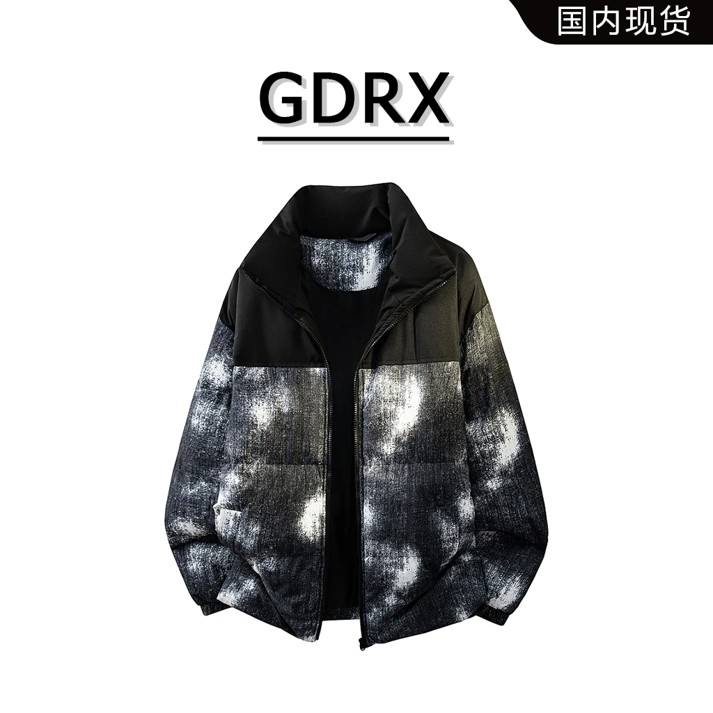 GDRX美式立领保暖棉衣男冬季美式潮流渐变时尚百搭印花棉服外套