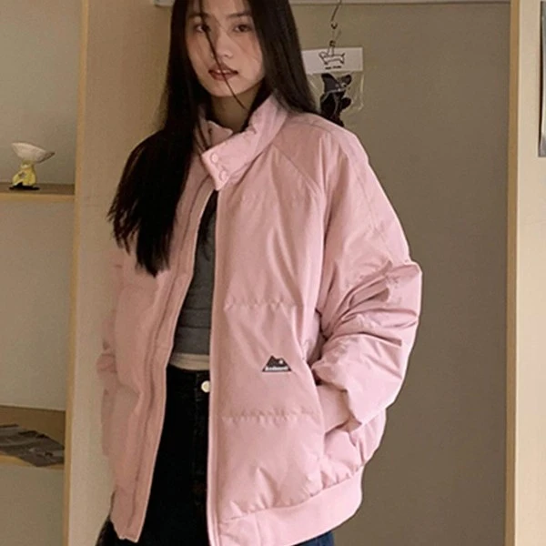 韩版盐系时尚立领纯色刺绣冬季女生宽松加厚棉服外套