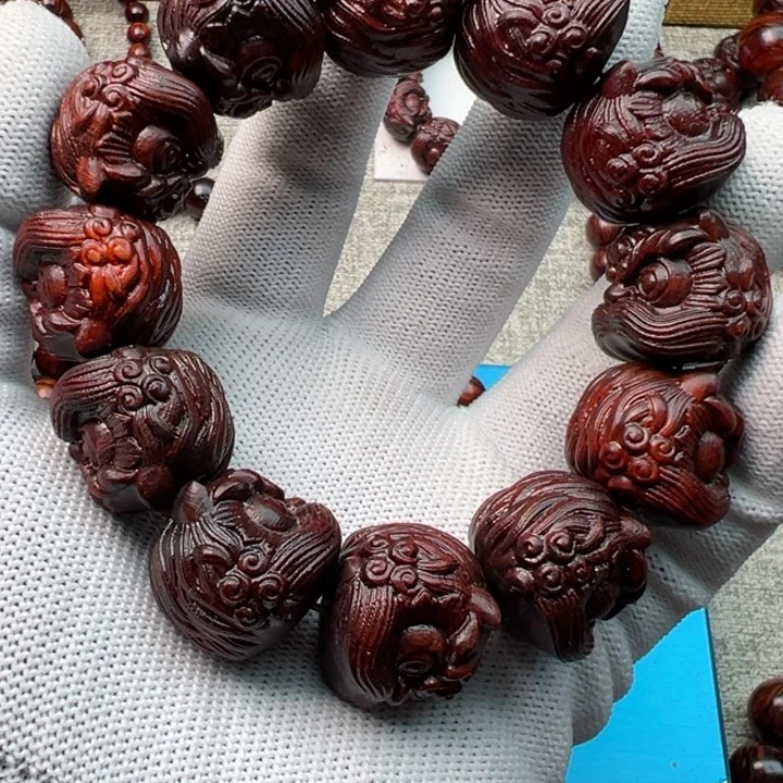 木海南红降精雕醒狮2.0精品手串