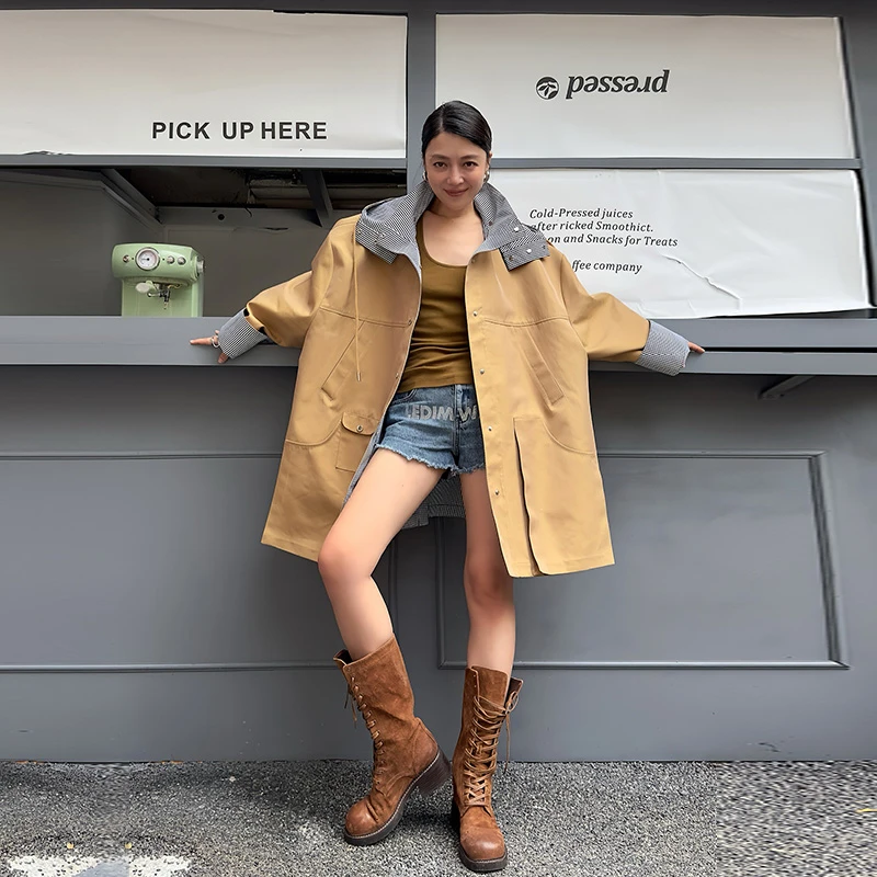 ledim wang【明星同款】卡其色风衣女2024秋季新款中长款连帽大衣