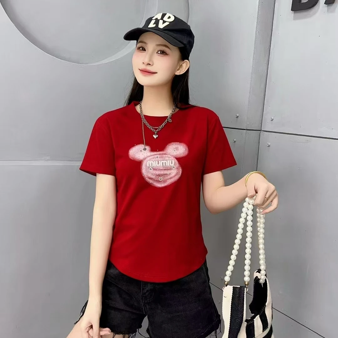 新款时尚减龄收腰显瘦弹力重工圆领半袖T恤