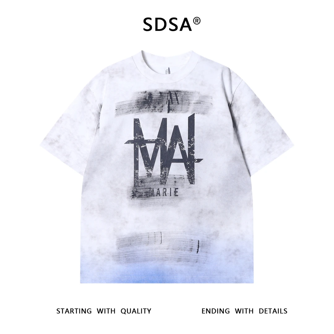 夏季高级感新款男士撞色字母印花短袖T恤涂鸦美式满天星圆领上衣