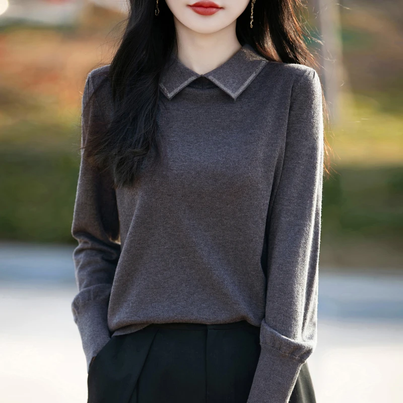 DMR817POLO领衫长袖针织宽松条纹翻领女士衫毛衣女打底衫