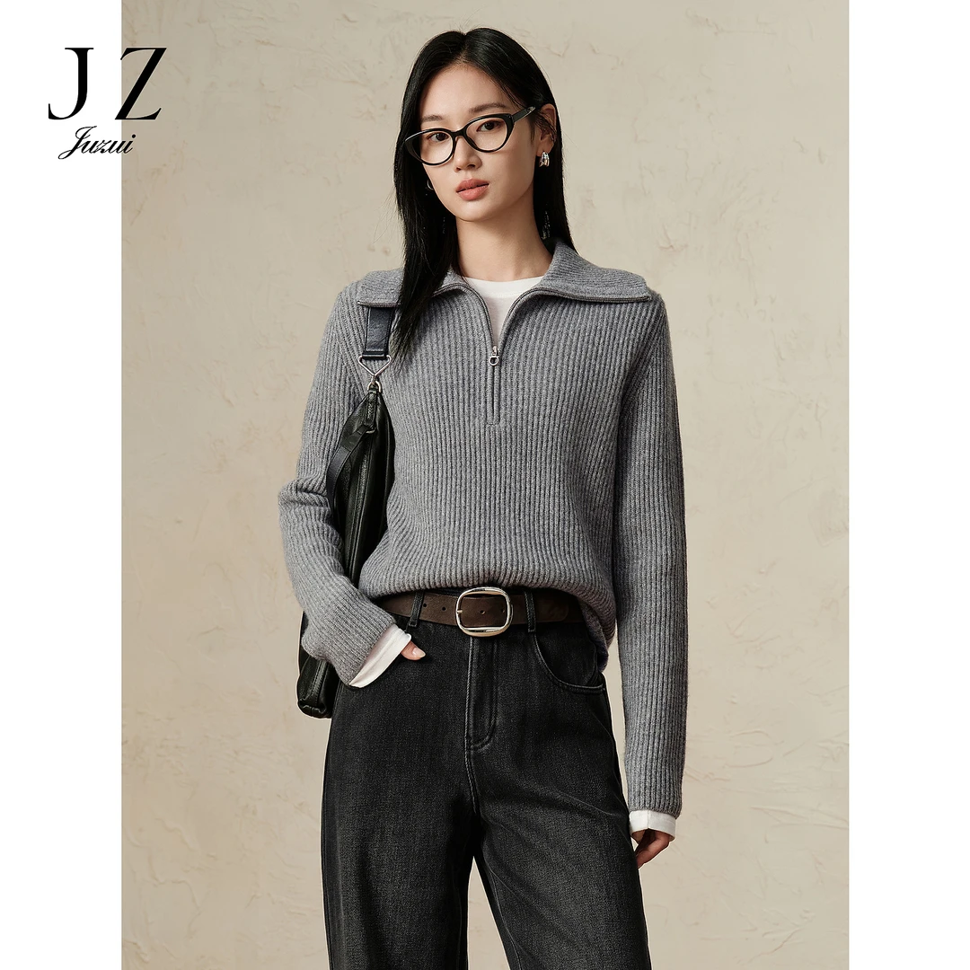玖姿安娜休闲简约羊毛翻领长袖衫女装JTED310999新款KWFD31905