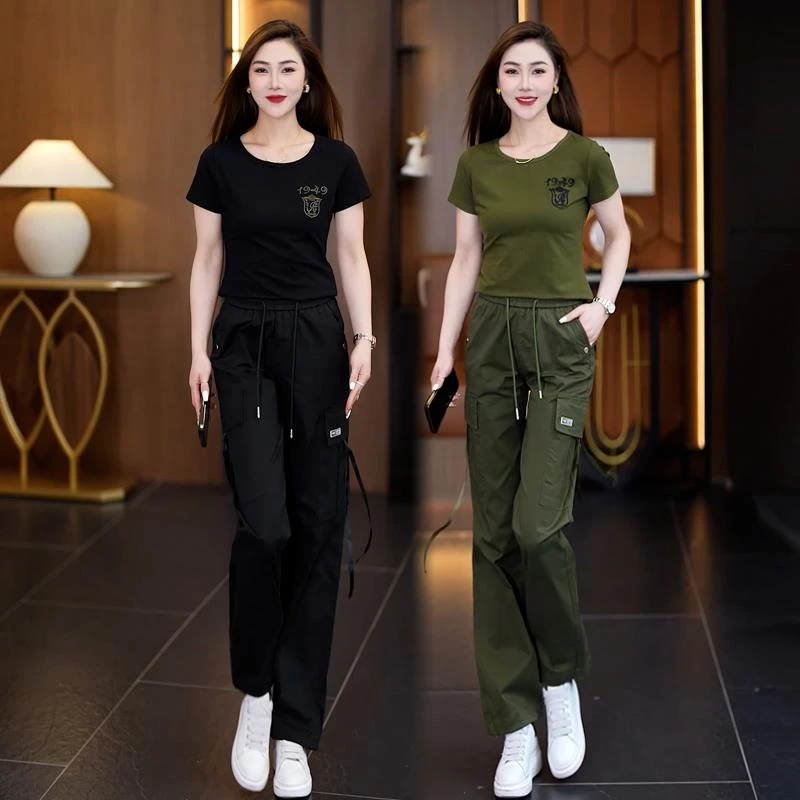 迷彩服女圆领短袖T恤夏季薄套装工装直筒长裤户外水兵舞服两件套