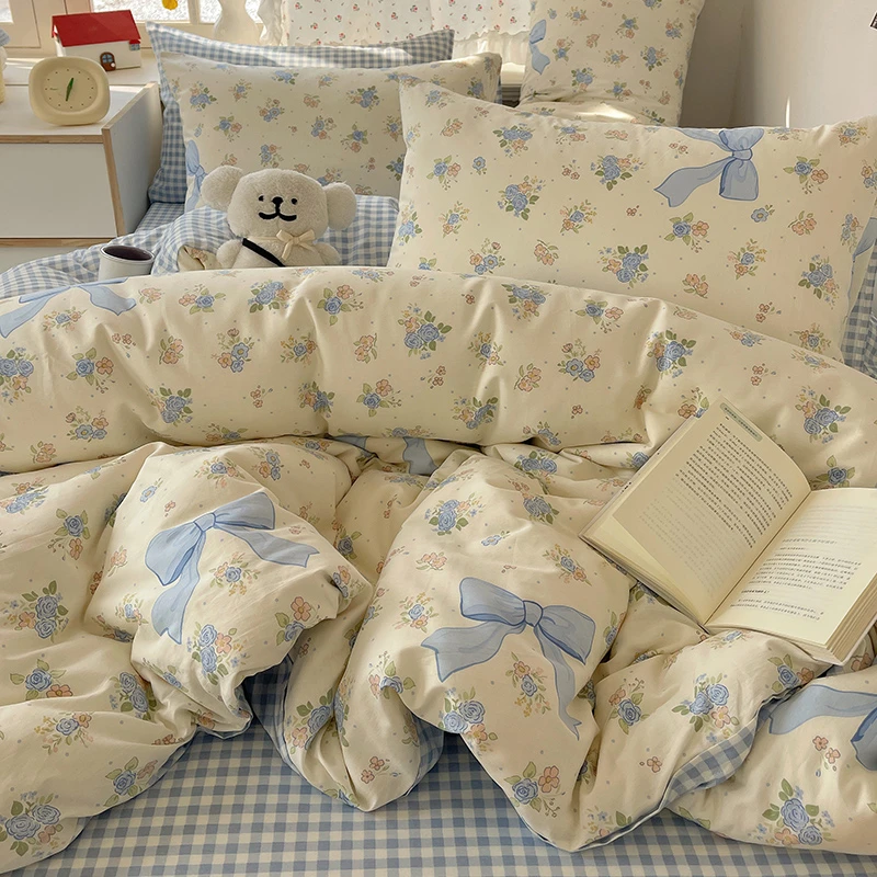 ins小清新碎花全棉四件套田园风床单被套100纯棉斜纹花卉少女心
