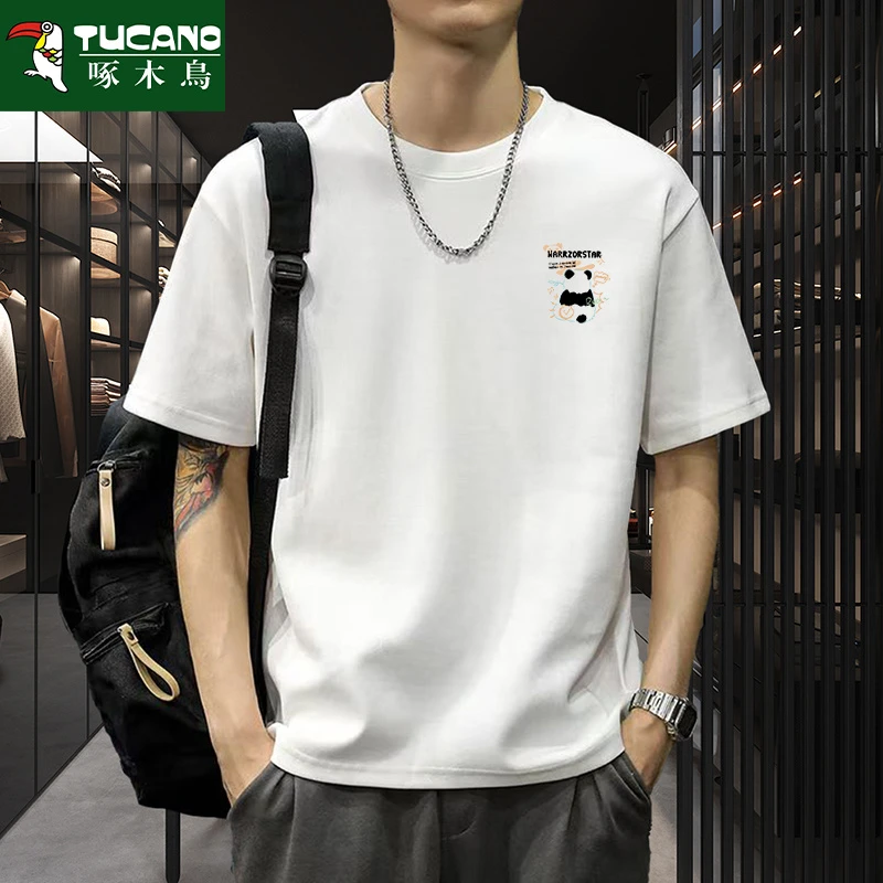 啄木鸟纯棉短袖t恤男夏季宽松小熊印花体恤新款休闲半截袖潮流ins