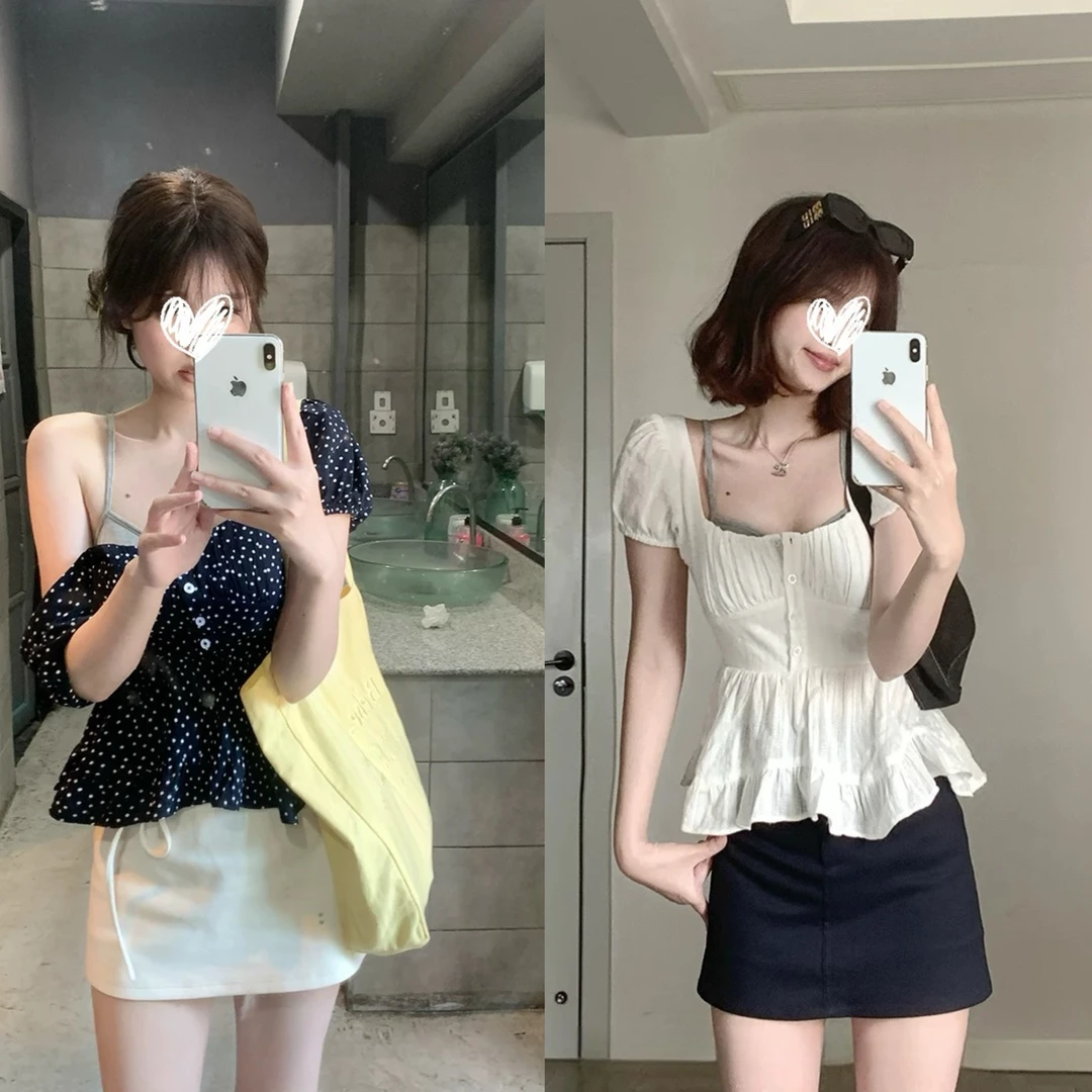 【韩漫欧尼】2件套 设计感露波点方领上衣女春夏季设计感露背短款