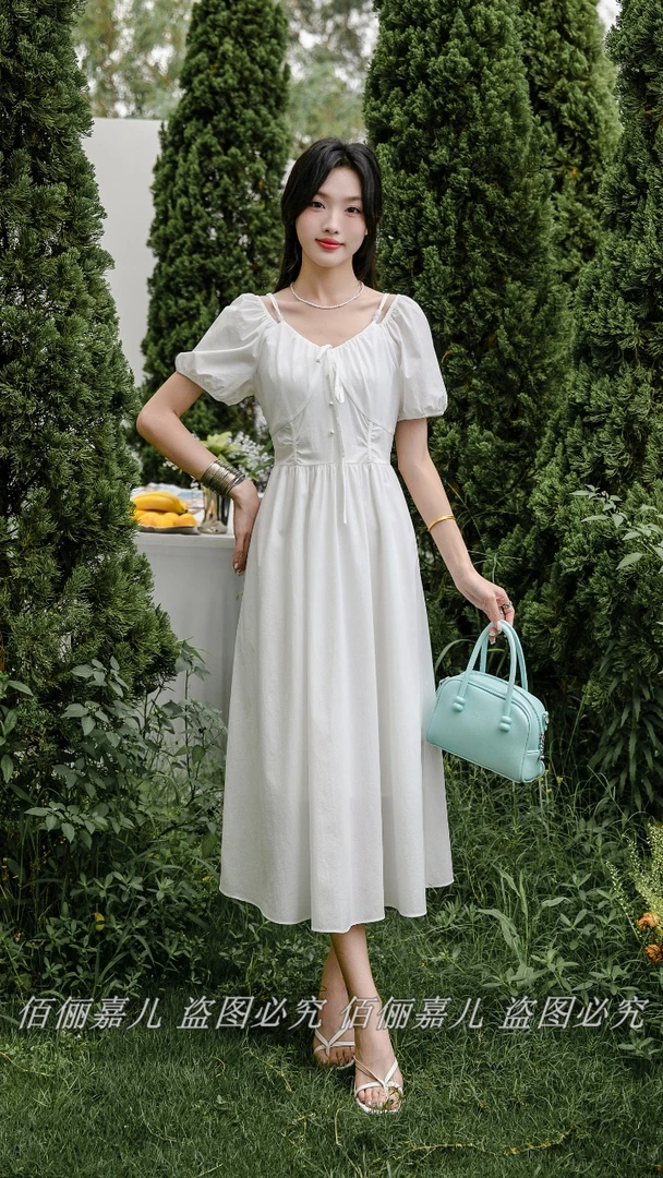 收腰系带连衣裙女2025春夏新款高级感气质V领珍珠中长裙子