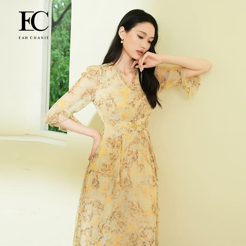 【商场同款】2025夏新款喇叭袖连衣裙轻奢桑蚕丝裙子9827CL304