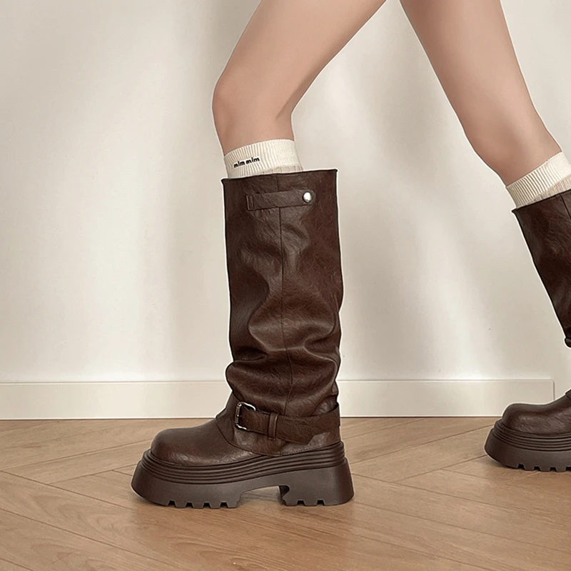 时尚复古英伦风粗跟厚底长筒靴女2025秋冬新款简约百搭增高时装靴